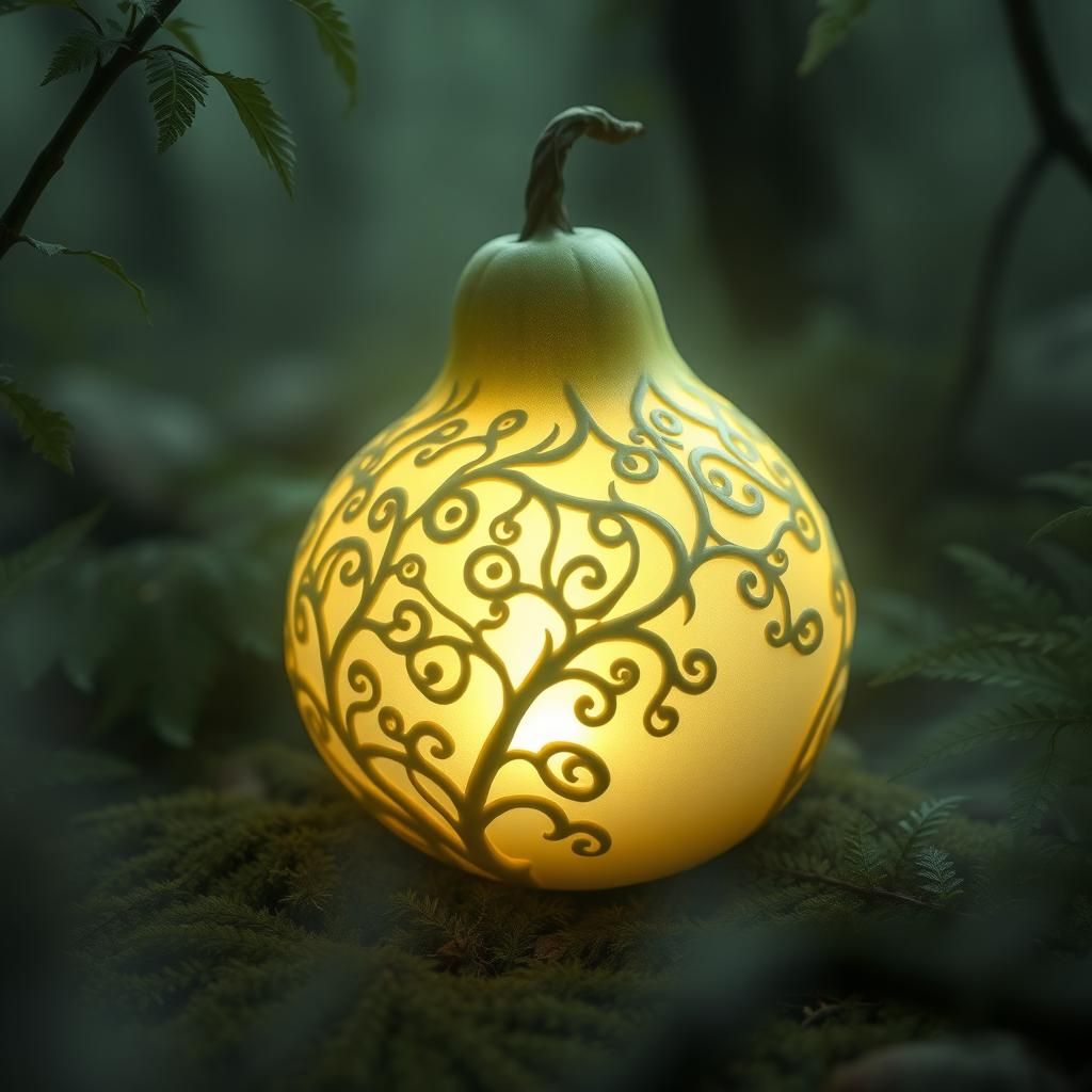 Glowing Bottle Gourd with Organic Filigree on Forest Floor