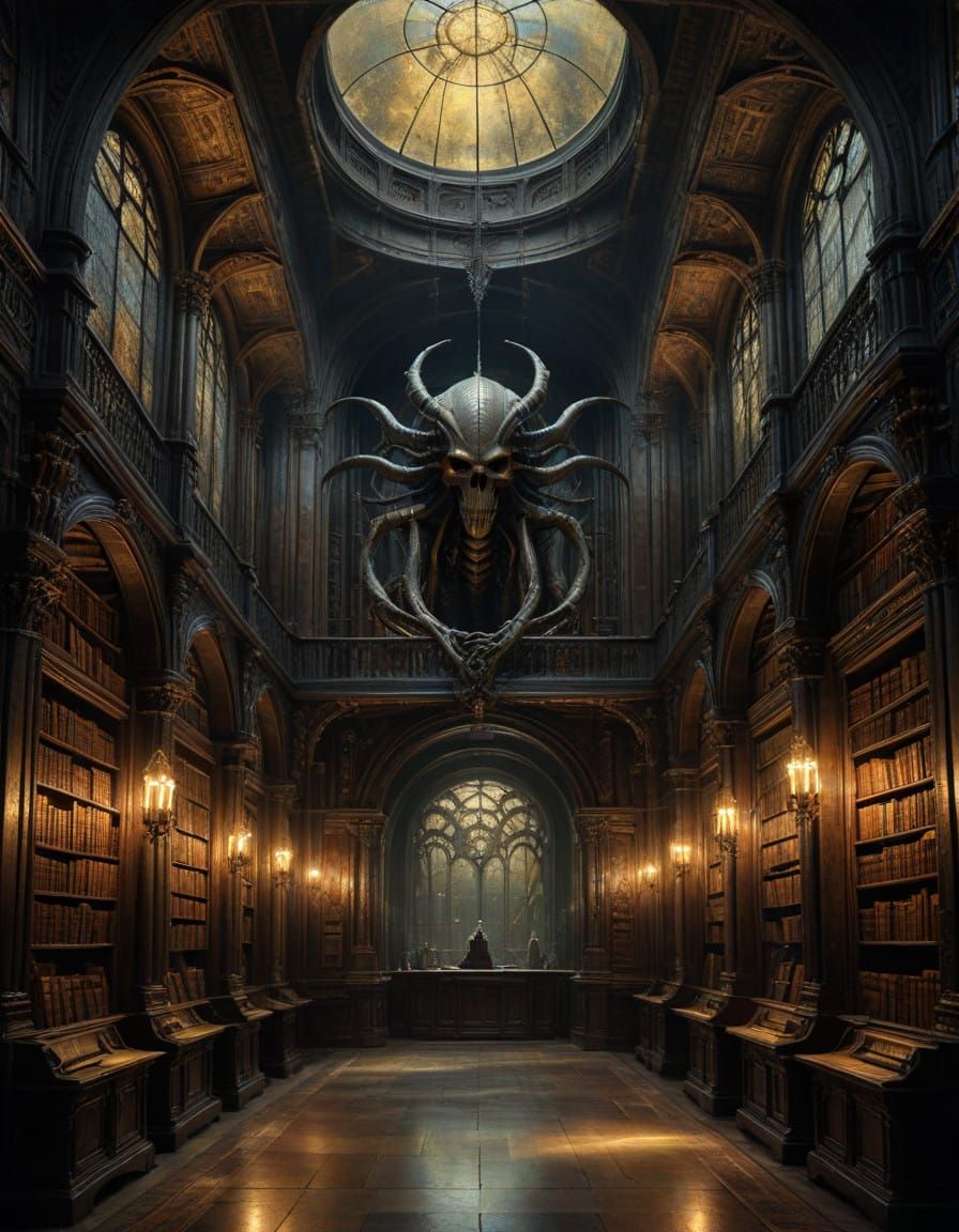 Majestic Victorian-Era Library with Dark Wood and Ancient To...