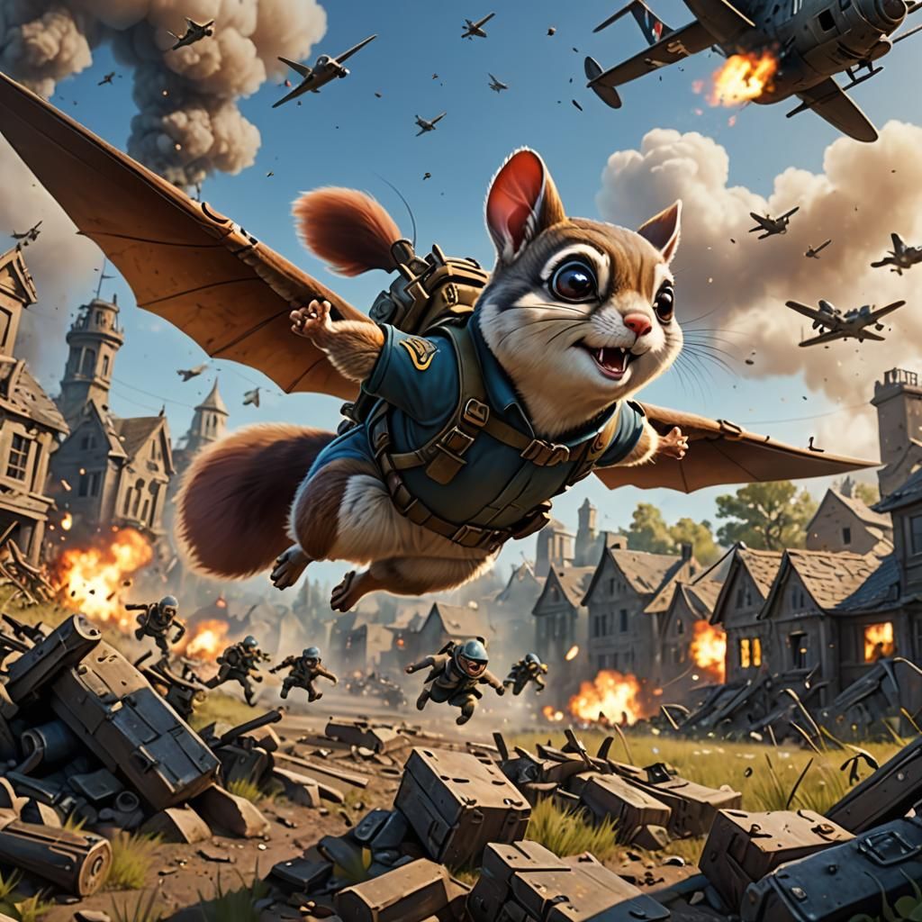 Cartoon Squirrel Dive-Bombing a WWII Battlefield