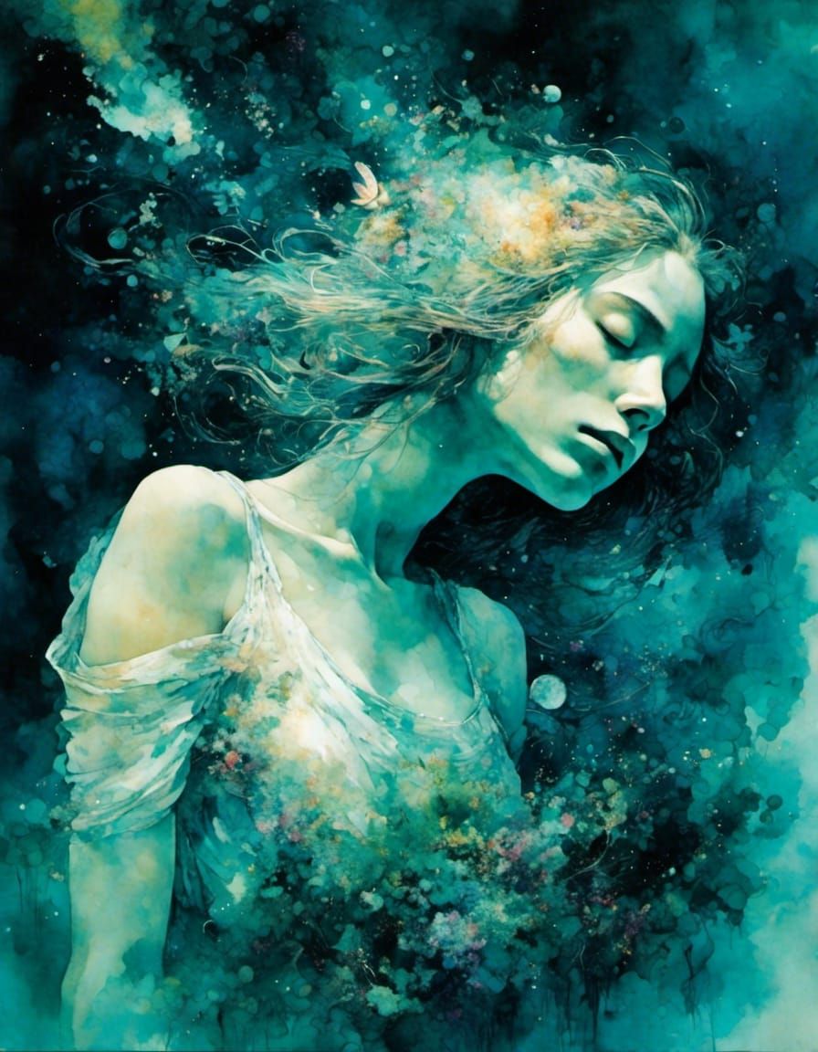 Dreaming Man Asleep Underwater with Nebulae Effect