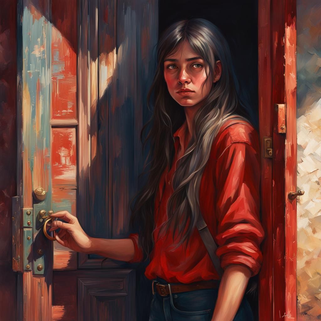 Woman Leaning on Door in Photorealistic Style