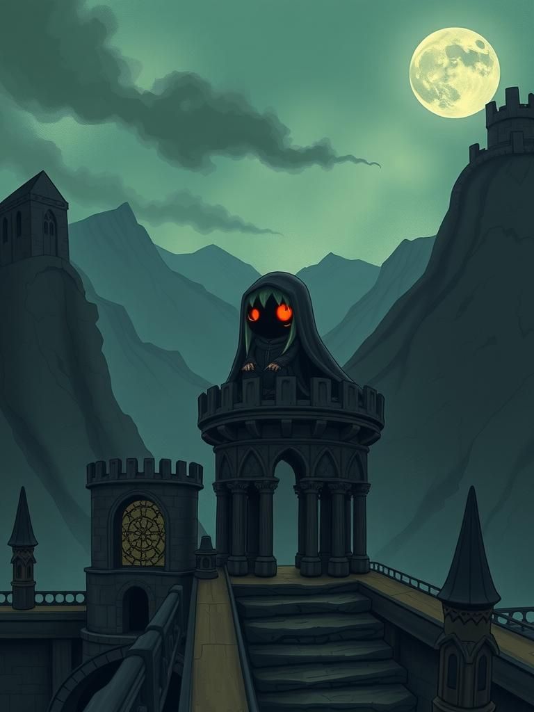 Chibi Sauron atop Barad-dûr in Dark Fantasy Landscape