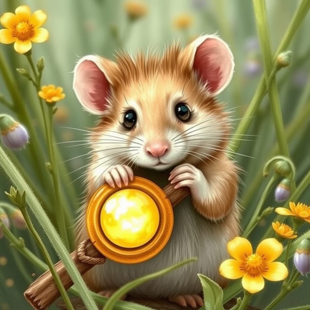Fluffy Mouse with Dandelion in Fairy Tale Style