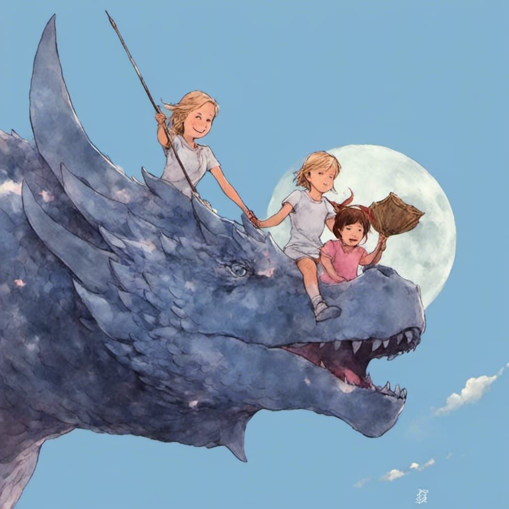 Mother and Daughter Ride Dragons into Stars: Anime Art