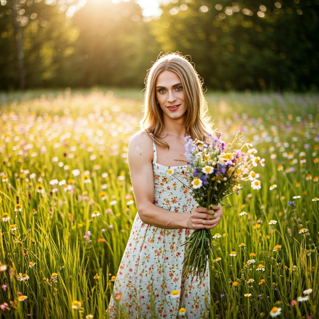 Romantic Meadow Portrait with Young Man in Sundress