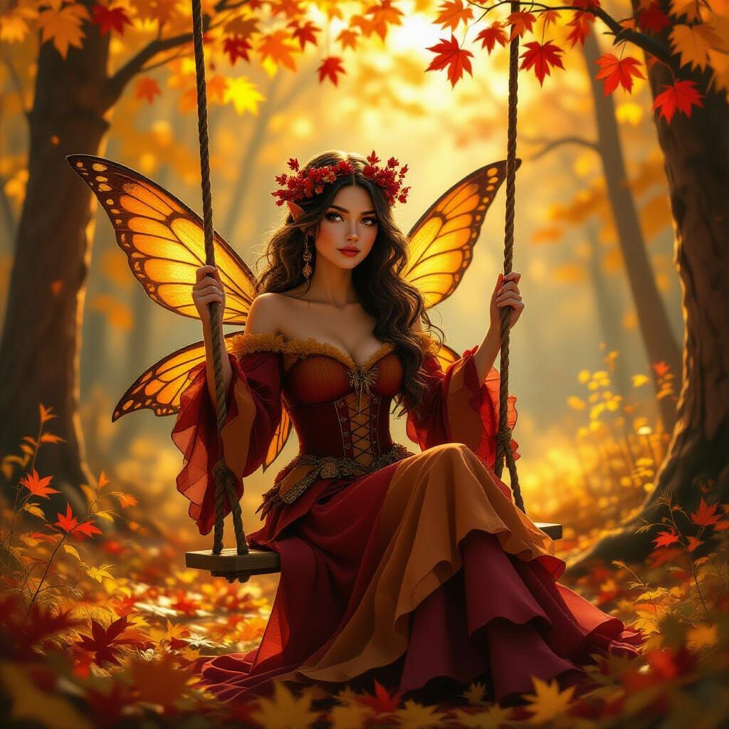 Autumn Fairy on Woodland Swing, Digital Matte Painting