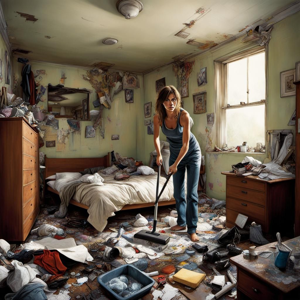 Woman Cleans Messy Room in Comic Book Style