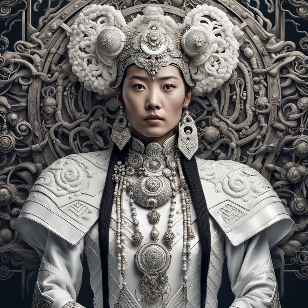 Hyperrealistic Portrait of Mongolian Woman in Traditional Dr...