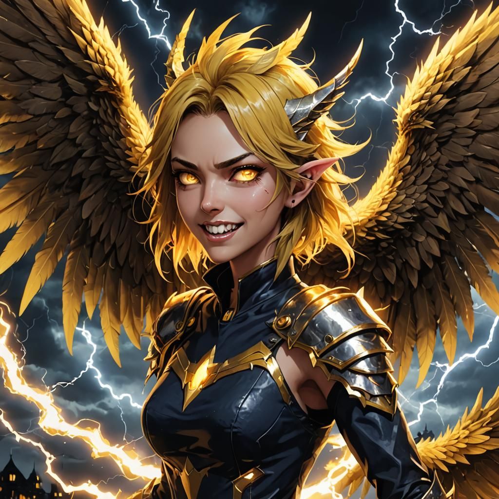 Monster Girl with Lightning and Feathered Wings