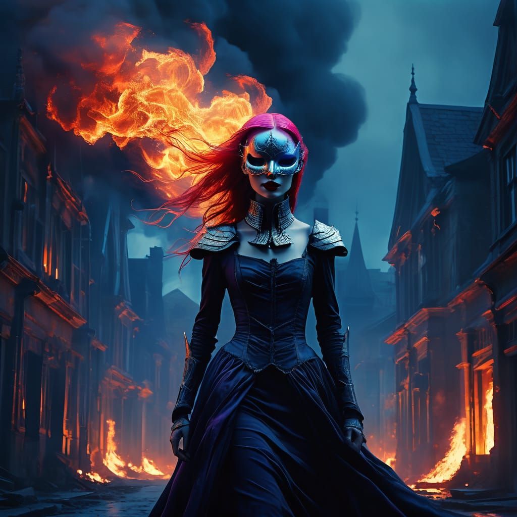 Surreal Gothic Woman in Burning Town