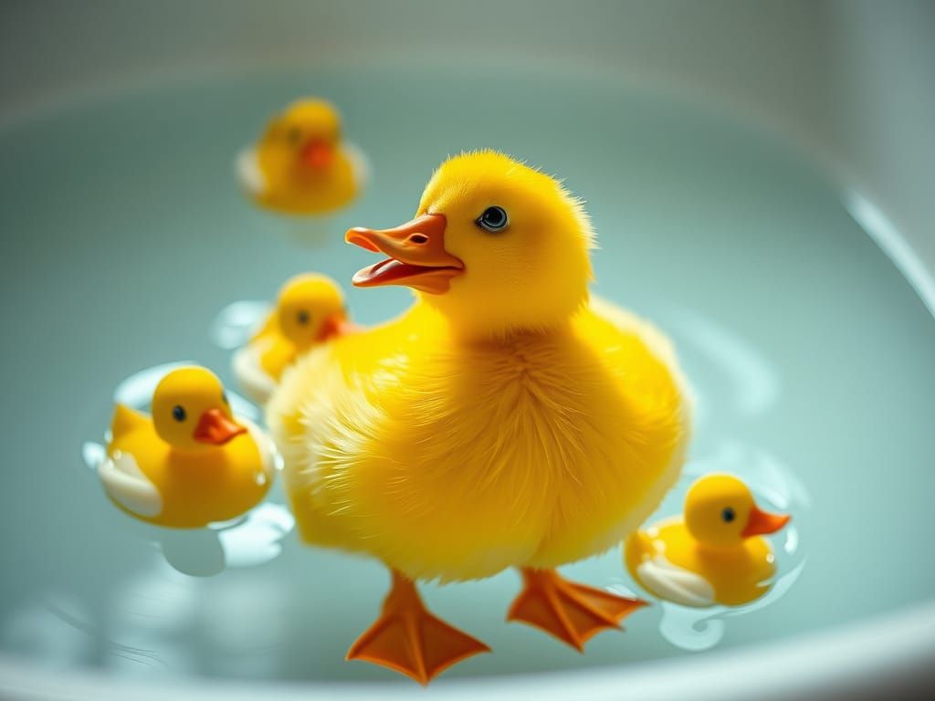 Vibrant Yellow Duck Soars in a Bathtub Scene