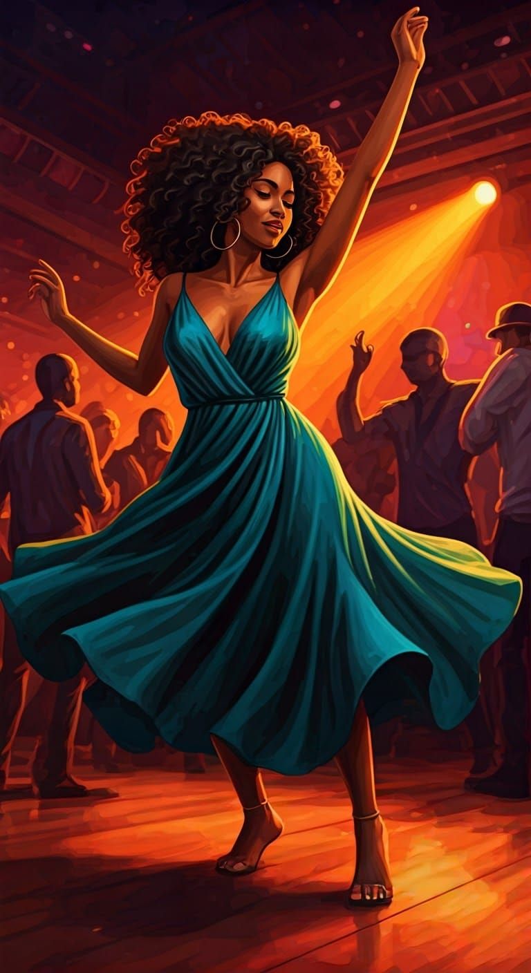 Vibrant Brown Woman in Motion, Drenched in Emerald Green