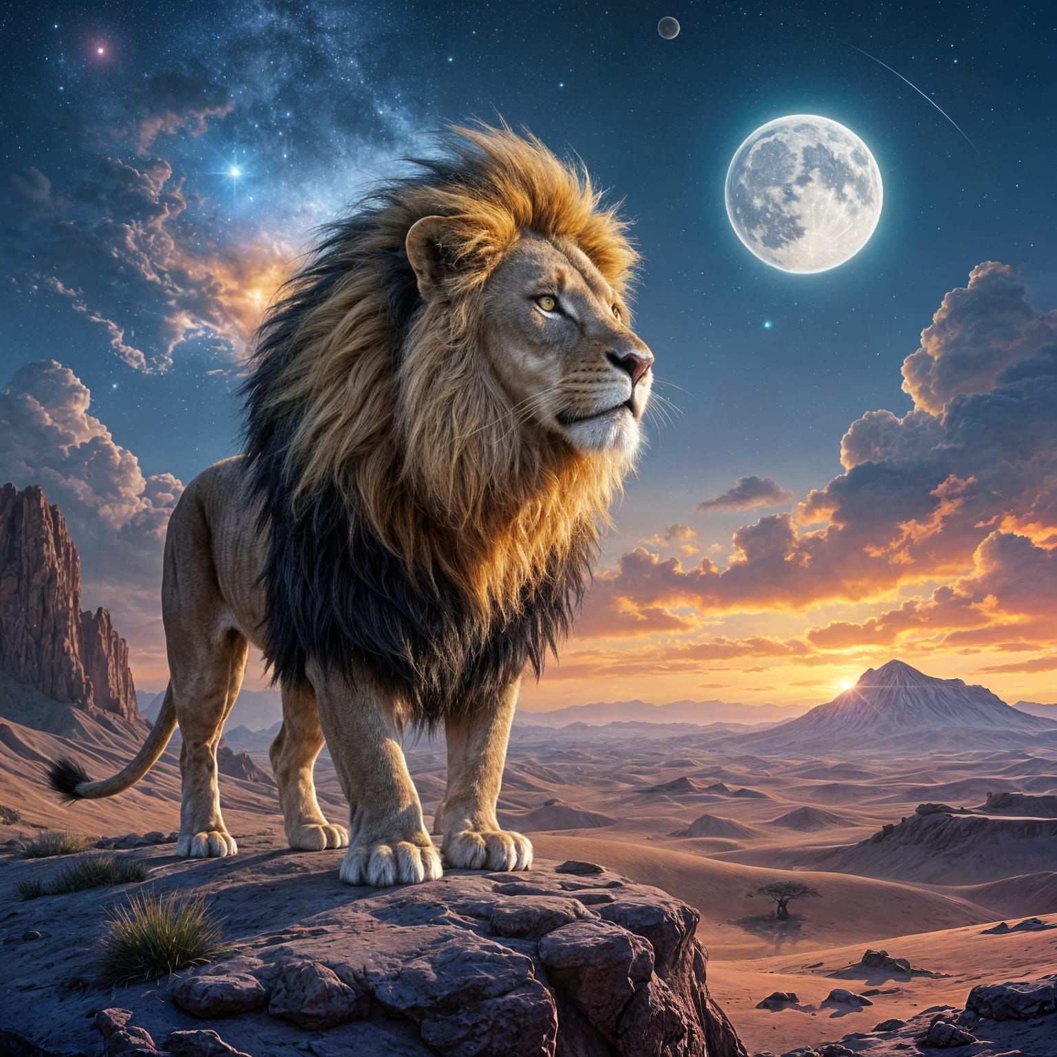Nebula-Maned Lion Overlooking Alien Desert