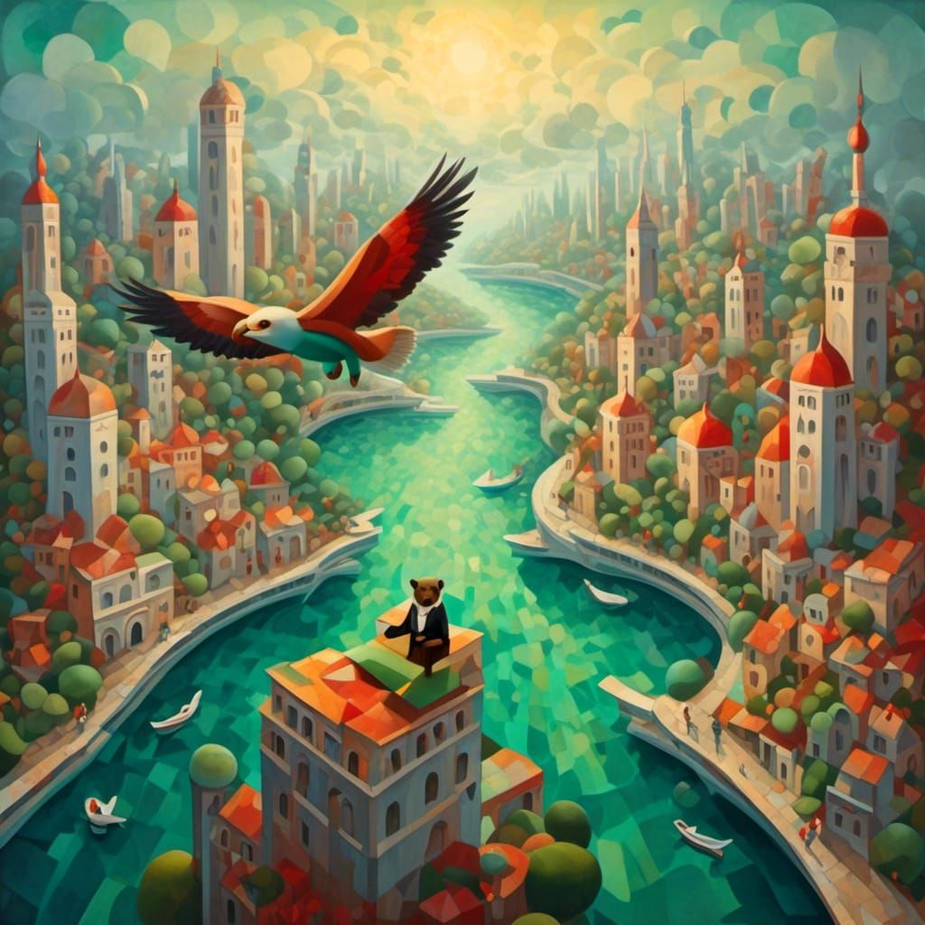 Teddy Bear Eagle Flight Over Emerald City in Cubist Style