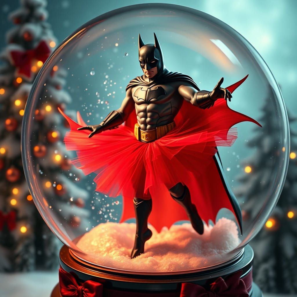 Ethereal Batman in Red Tutu Dances in Snow Globe Wonderland