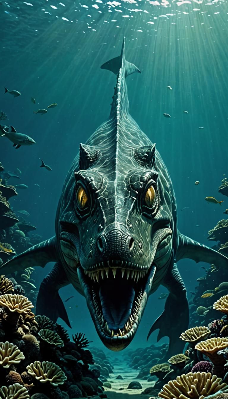 Menacing Bioluminescent Pliosaurus in IMAX Film Style