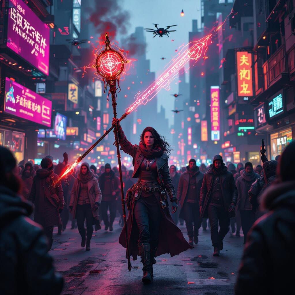 Futuristic Protest Leader with Glowing Staff