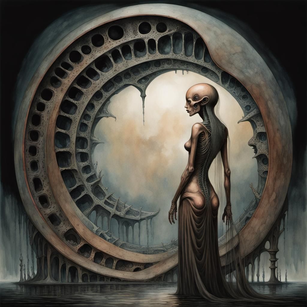 Watercolor Biomechanoid Woman in Horror Style