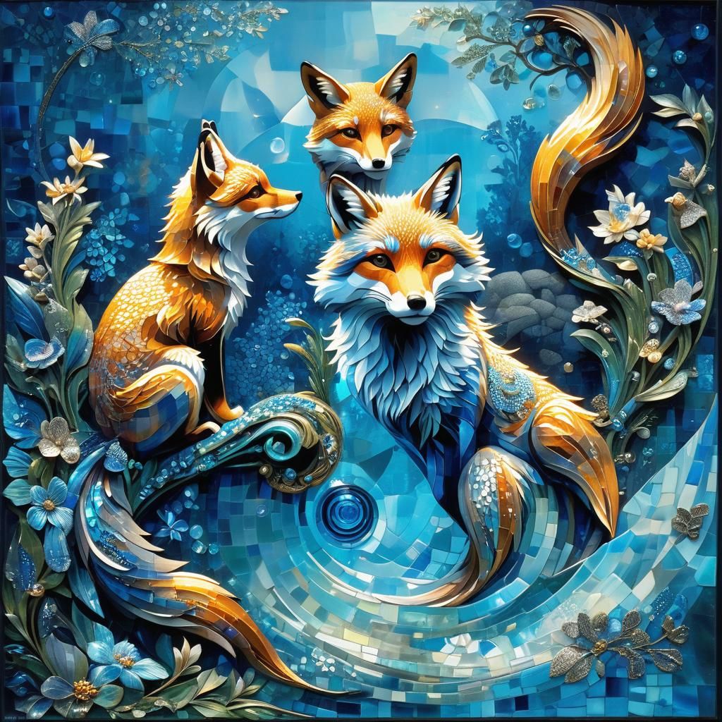 Foxes Compete in Aquatic Games: Mosaic Style