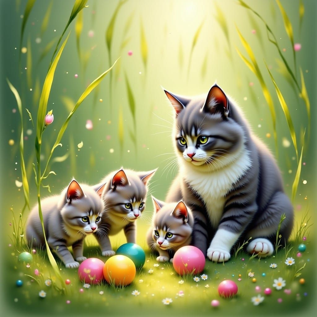 Mother Cat and Kittens Play in Meadow