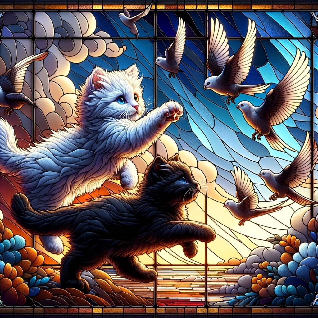 Kittens Chasing Birds in a Stained Glass Window