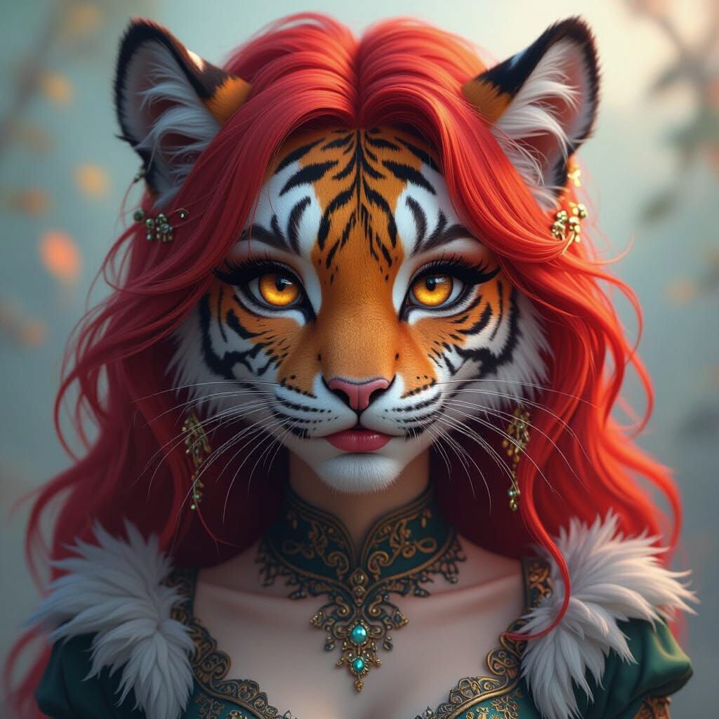 Mystical Tigress Girl Portrait with Red Hair