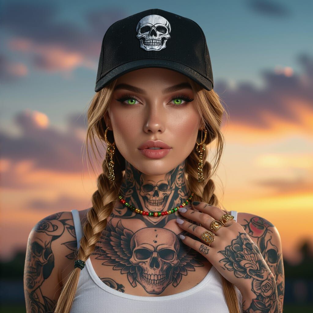 Portrait of Woman with Skull Tattoos and Green Eyes in Smoke...