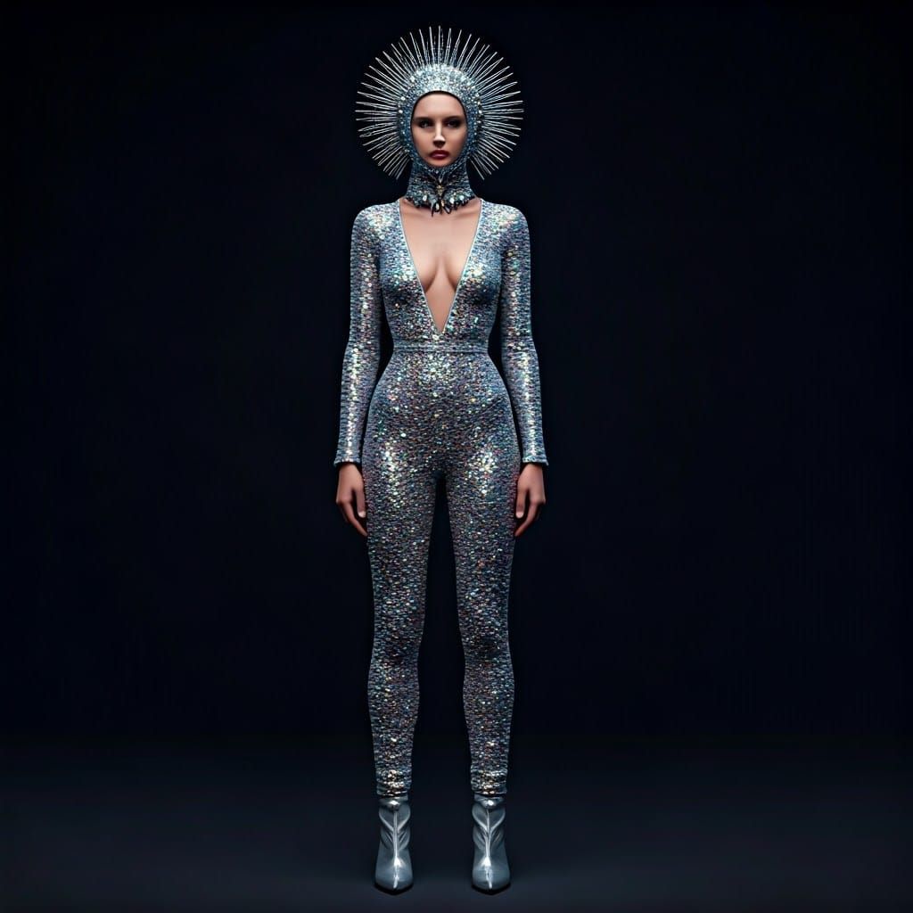 Beautiful woman dressed for the red carpet in a space-themed suit, but like a rocket cabin, with sequins and a V-necklin...