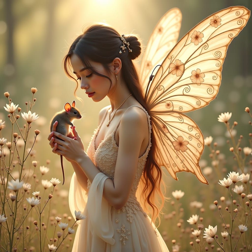 Whimsical Fairy Tenderly Holds a Tiny Mouse in Ethereal Ligh...