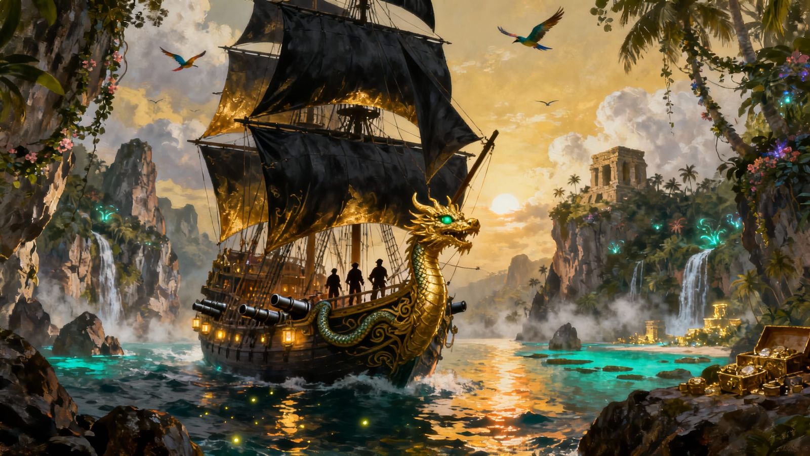 Pirate Galleon Explores Tropical Shoals in Painterly Style