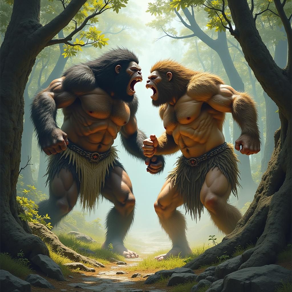 Sasquatch Battle in the Woods: Frazetta-Inspired Art