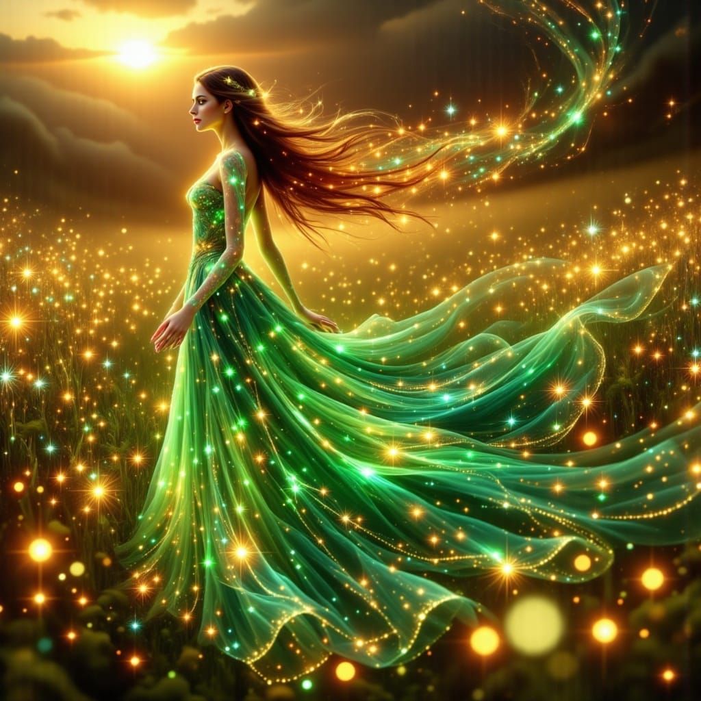 Woman in Emerald Silk Dress in Sunlit Meadow