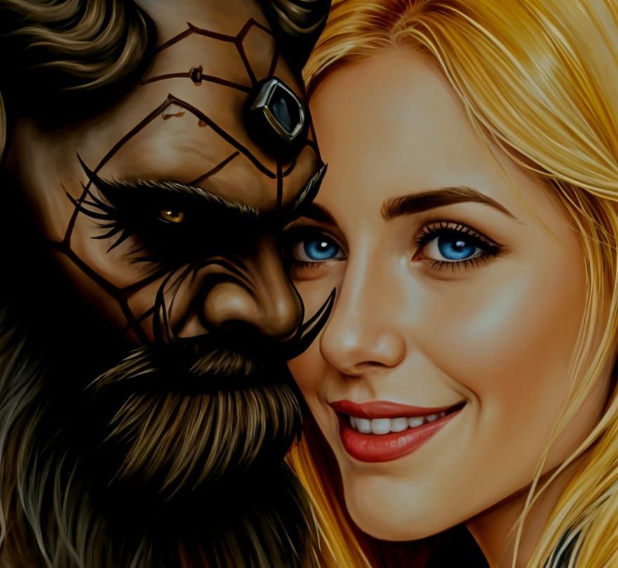 Watercolor Painting of Woman Smiling at Demon