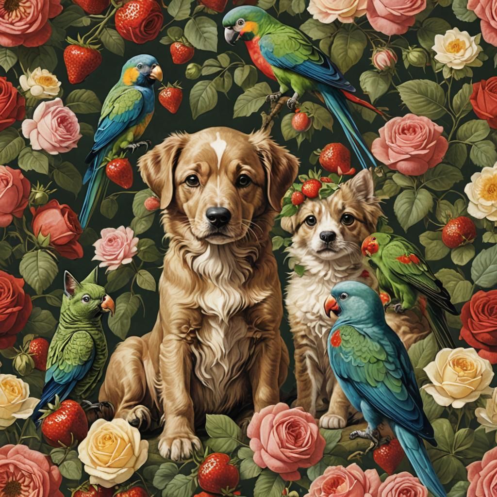 Dog, Cat, and Parrot with Roses