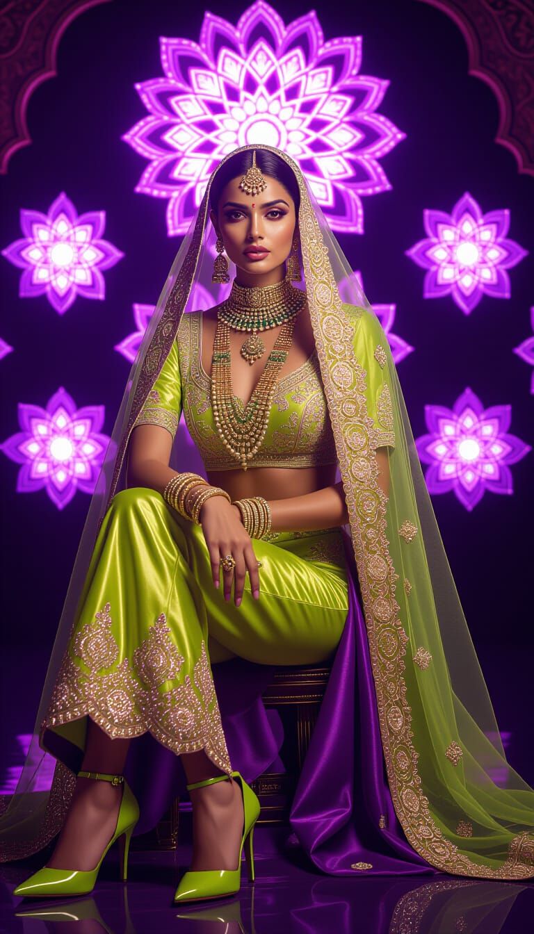 Woman in Indian Jewelry with Luminous Mandalas