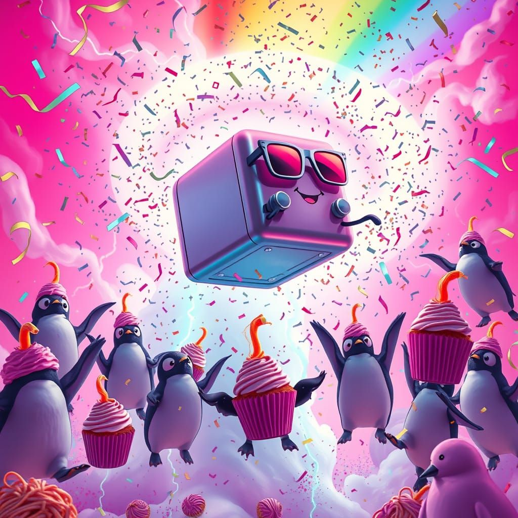 Whimsical Flying Toaster Soaring Through Confetti Tornado