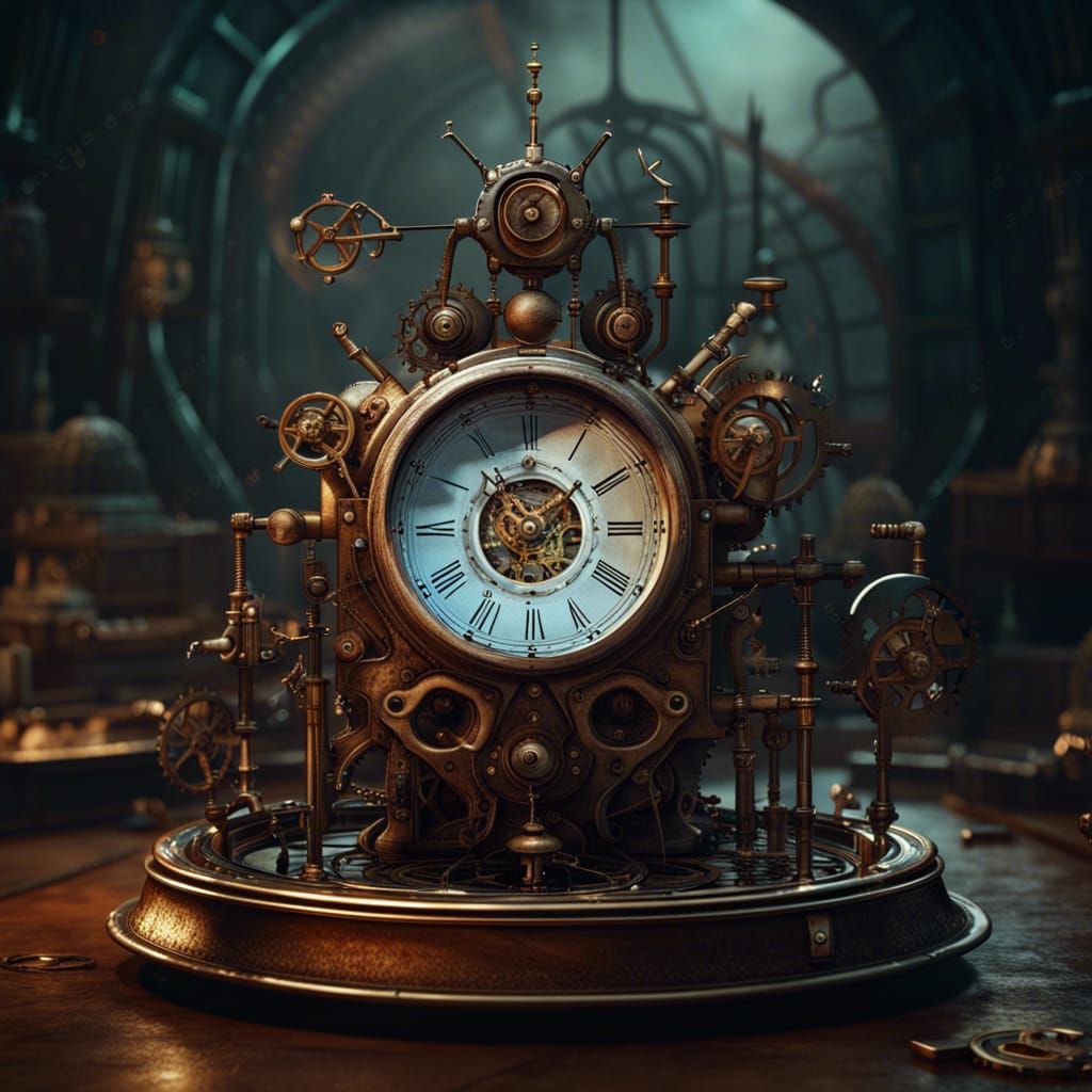 Surreal Steampunk Melting Clock on Pan