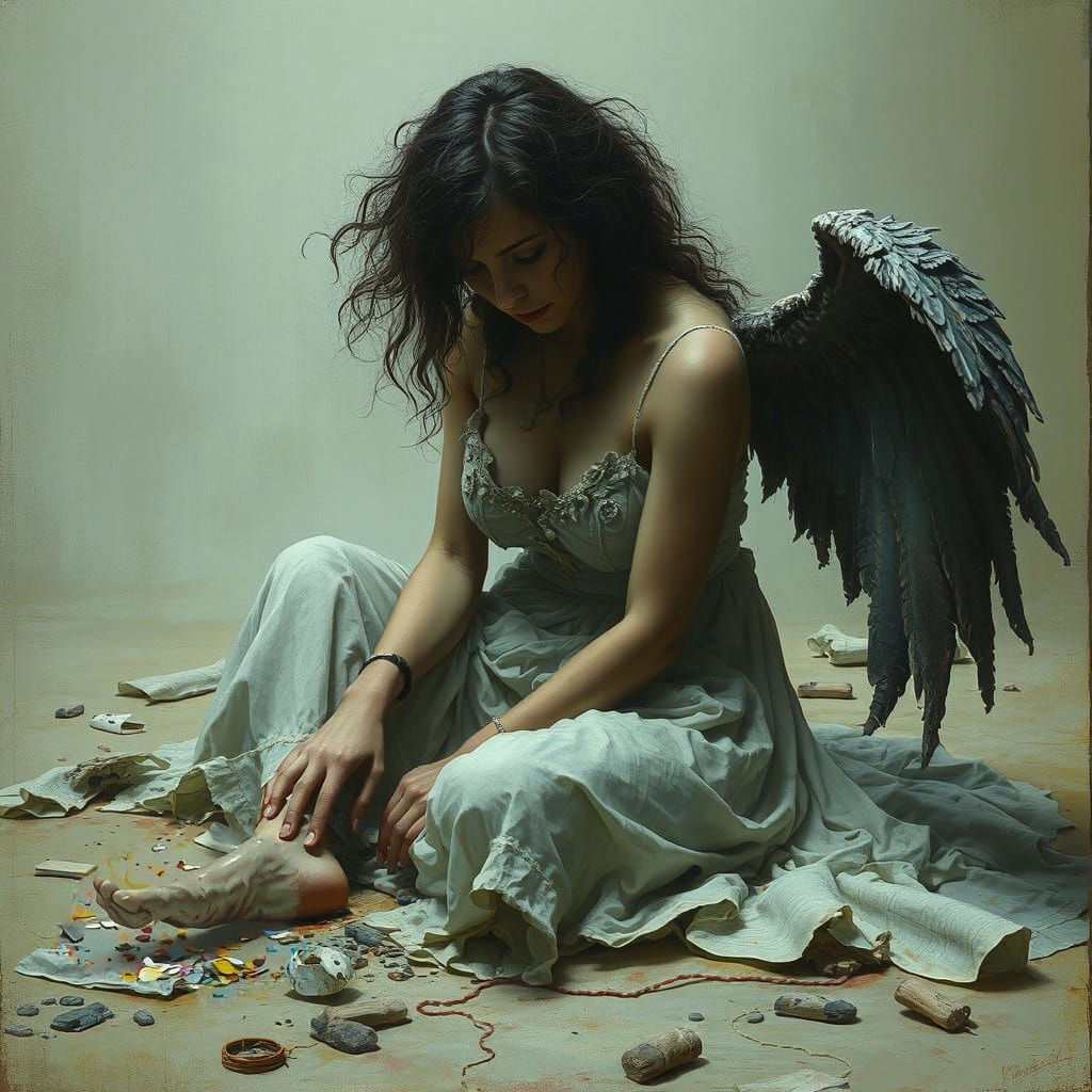 Distraught Woman with Broken Wings in Horror Style