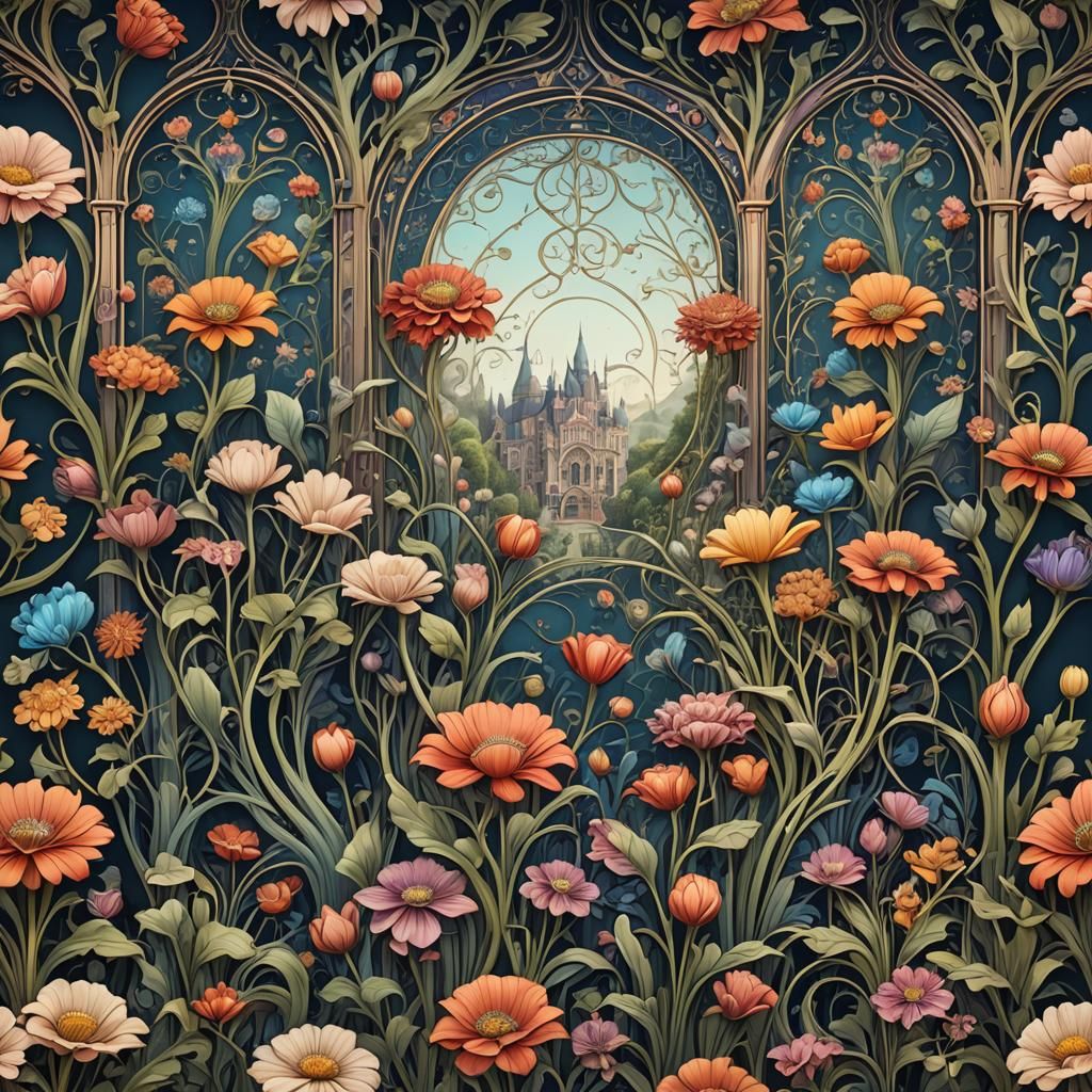 Art Nouveau Flower Garden with Intricate Details