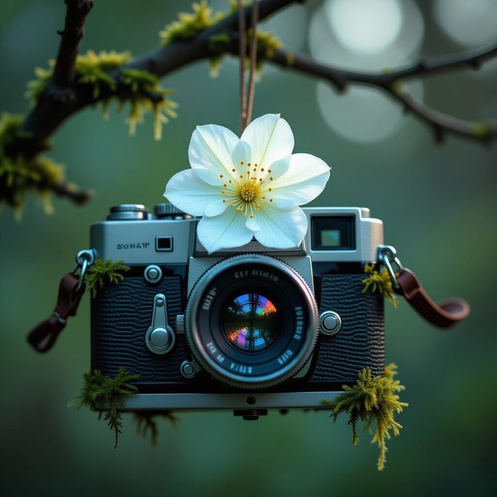 Bioluminescent Flower Emerges from Antique Camera