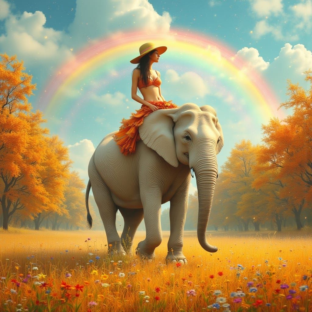 Woman on Elephant in Autumn Field with Rainbow