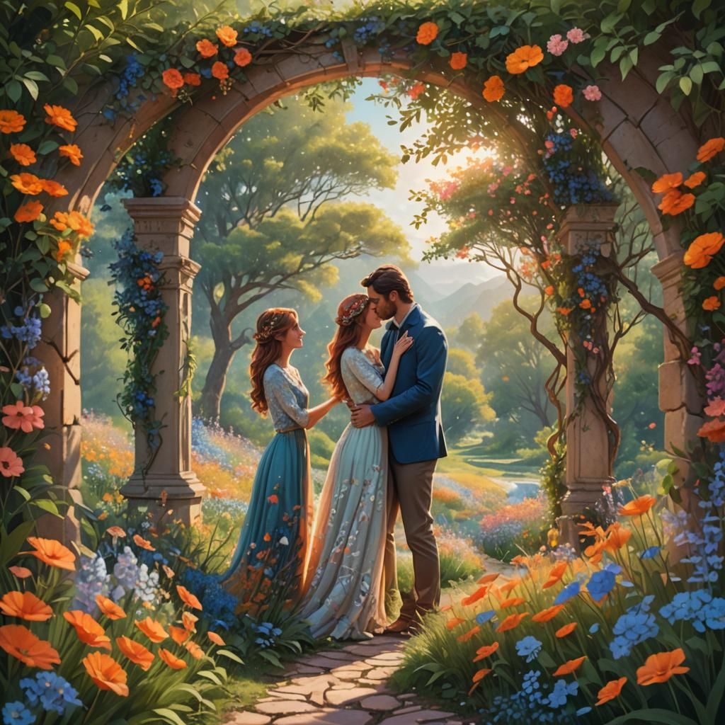 Couple Embrace Under Flower Arch: Fantasy Concept Art