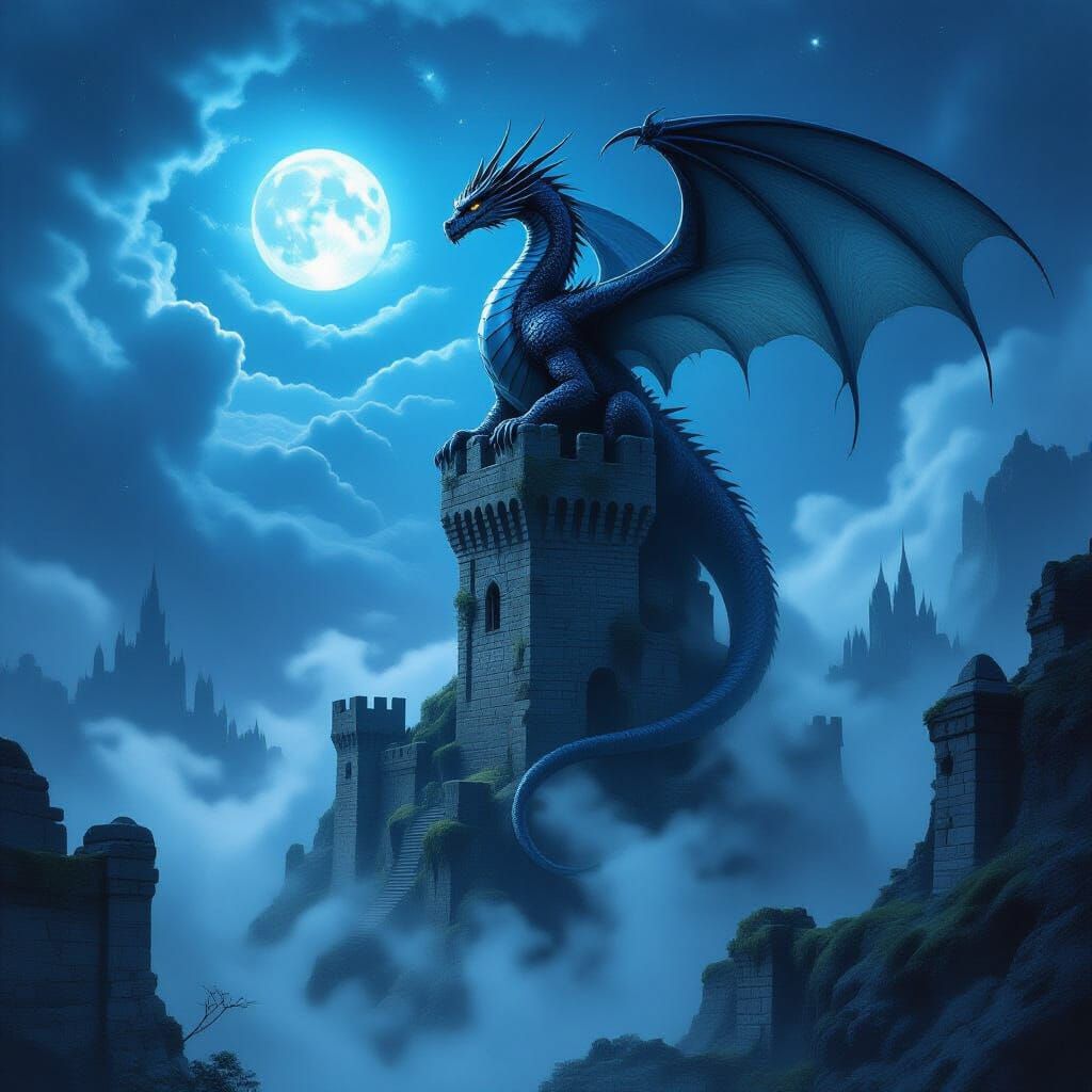 Ancient Dragon on Castle Spire in Dark Fantasy Style