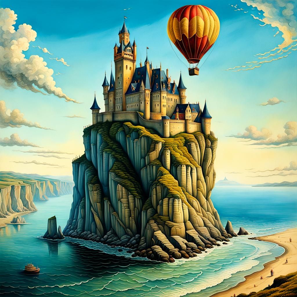 Hot Air Balloon over French Cliffs, Surreal Steampunk Art