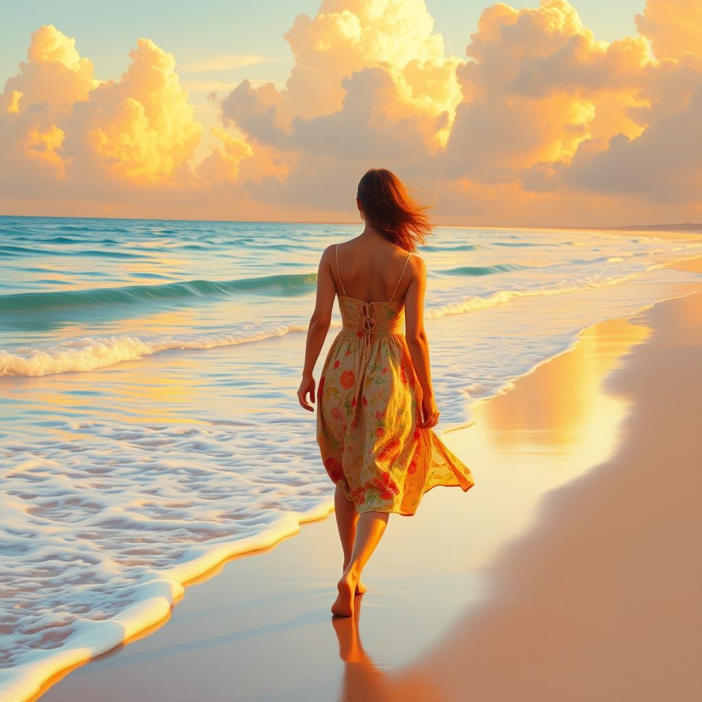 Woman Walking Along Pristine Florida Beach at Sunset