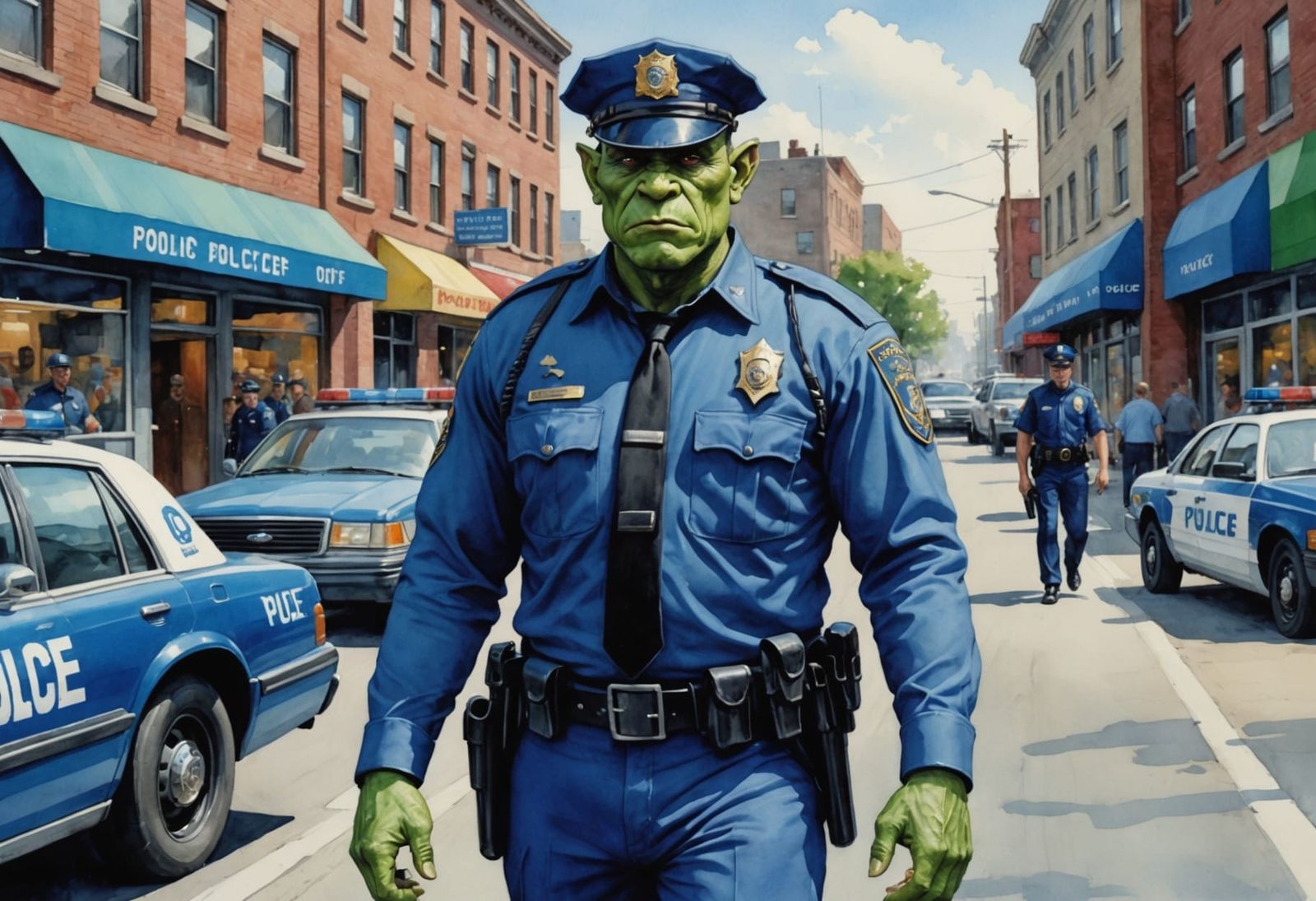 Green-Skinned Orc in Police Uniform Strolls Away from Cruise...