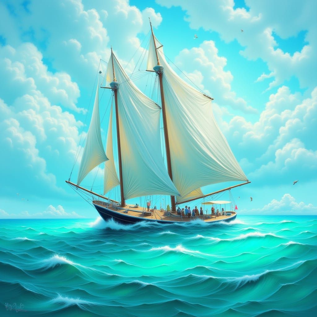 Turquoise Sailboat on Ocean in Impressionist Style