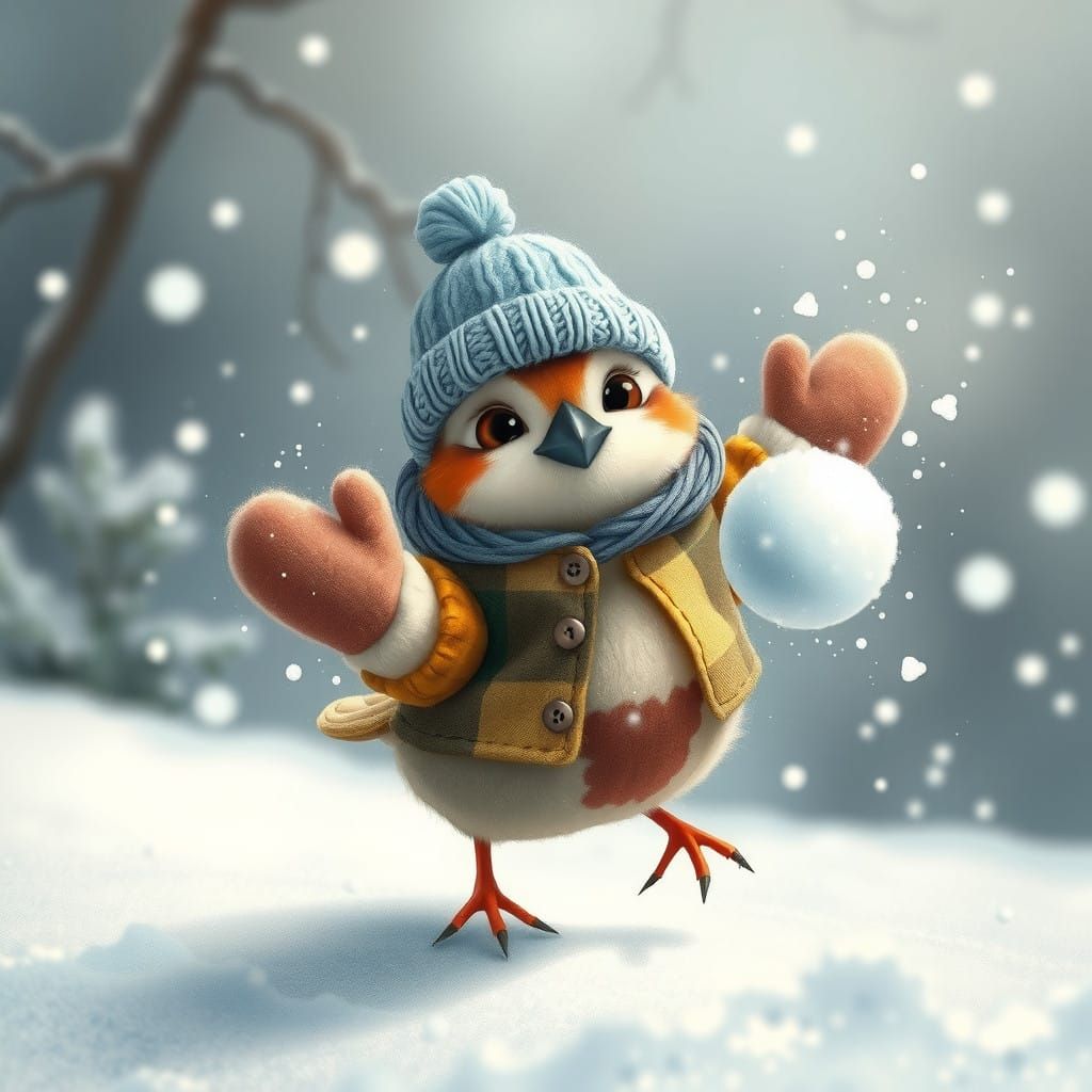 Whimsical Teacup-Sized Sparrow in Winter Wonderland
