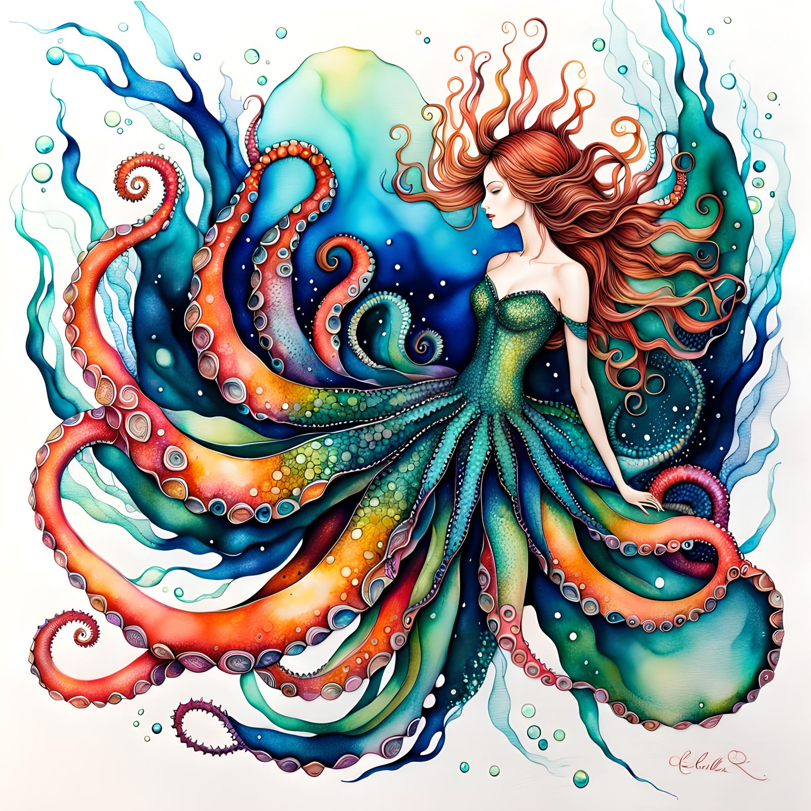 Colorful Cecaelia Ink Drawing with Ocean Life