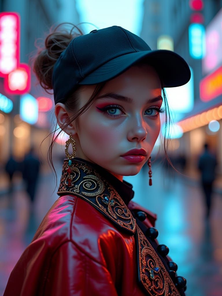 Futuristic Girl in Neon Cityscape, Photorealistic Digital Ar...